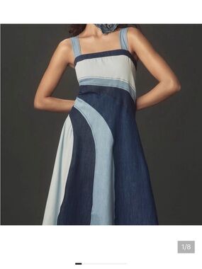 Pilcro Strapless Colorblock Denim Midi Dress in Dark and Light Blue